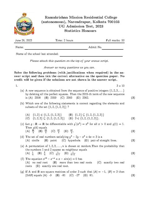 UG Admission Test 2023: Sample Questions for Statistics Honours - Studocu