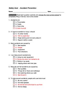 Safety Quiz Accident Prevention Name Date Directions: Read Each ...