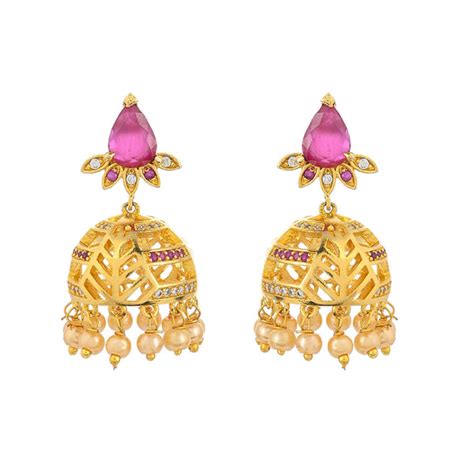 CZ Traditional Gold Plated Red & White Jhumka Earrings – VOYLLA