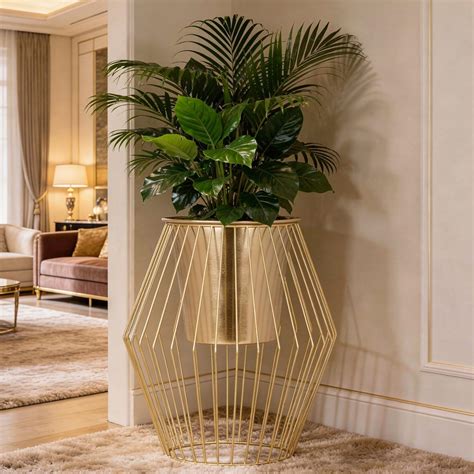 INDIAN DECORMART Golden Metal Pot with Wire Cage Stand | Modern Planter ...