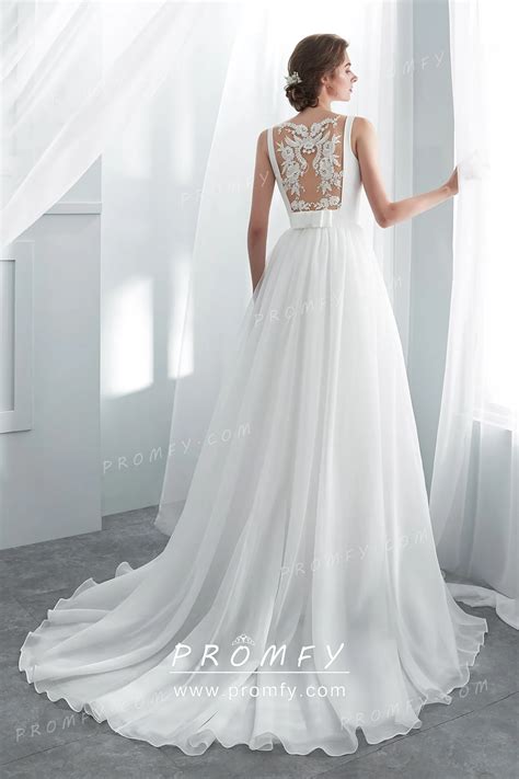 Modern Bateau Neck A-line Illusion Lace Back Bridal Gown - Promfy