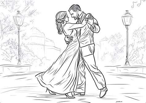 Couple doing a tango, between two lampposts - Dance Coloring Pages