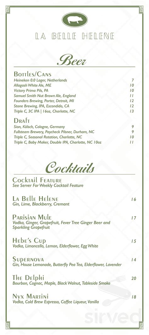 La Belle Helene menu in Charlotte, North Carolina, USA