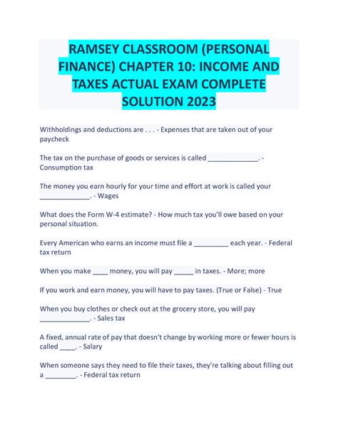 RAMSEY CLASSROOM (PERSONAL FINANCE) CHAPTER 10 INCOME AND TAXES ACTUAL ...