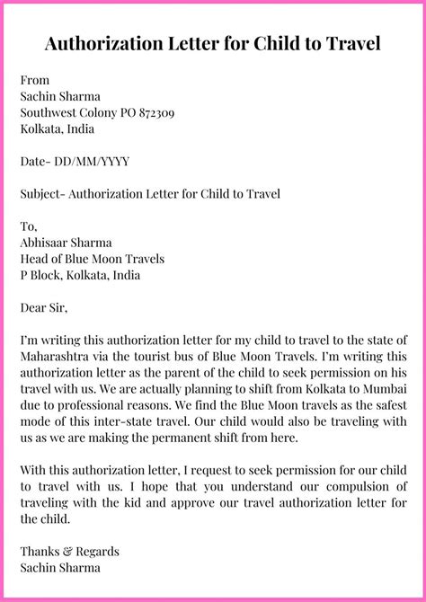 Sample Authorization Letter for Child to Travel with Example