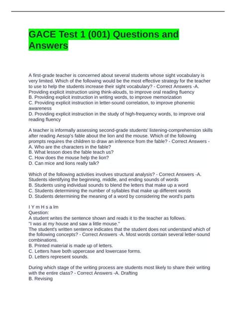 GACE Test 1 (001) Questions and Answers - GACE - Stuvia US