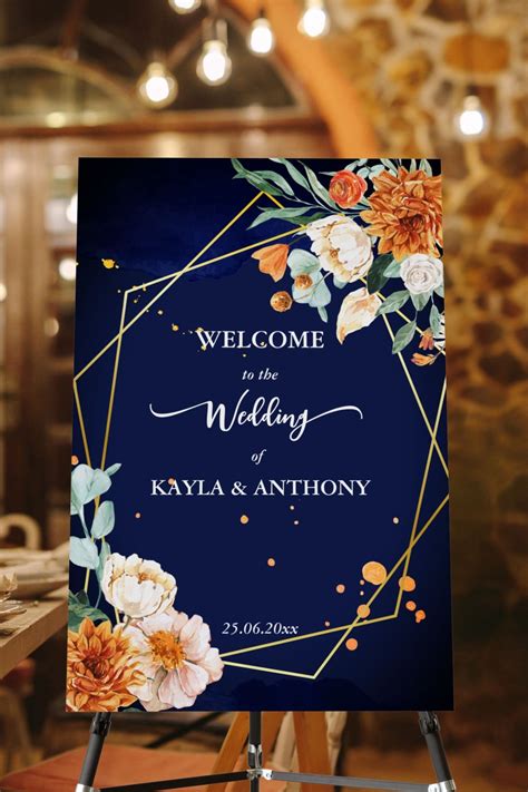 Navy blue orange sage flowers welcome sign | Zazzle | Orange wedding ...
