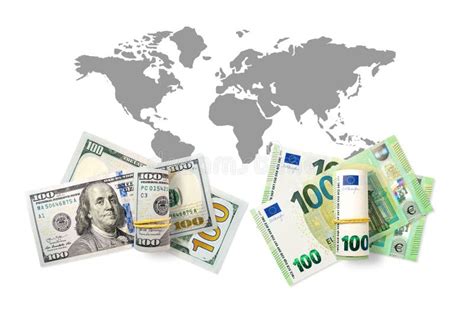 100 Dollars and 100 Euros on a White Background with World Map. US and ...