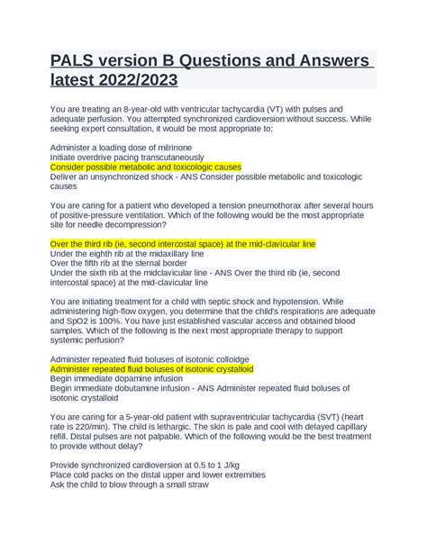 PALS version B Questions and Answers latest 2022 2023. | Exams Medicine | Docsity