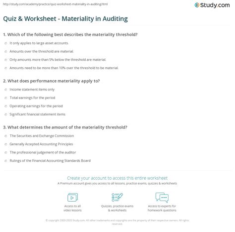 Quiz & Worksheet - Materiality in Auditing | Study.com