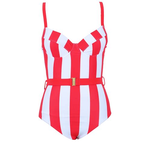 Ladies Red and White Striped Metallic Trim One-Piece Swimwear - China ...