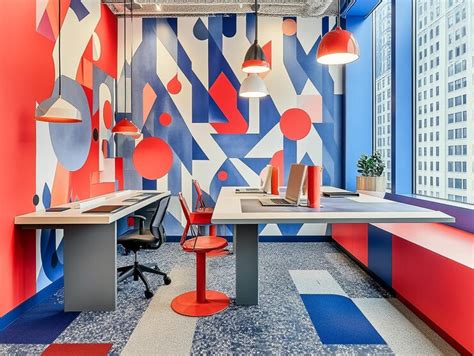 A vibrant and creative office space with abstract interior design ...