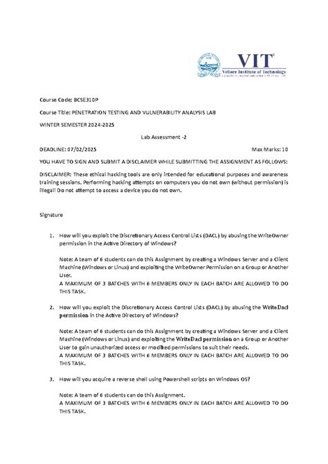 VL2024250505933 AST02 - Course Code: BCSE310P Course Title: PENETRATION ...