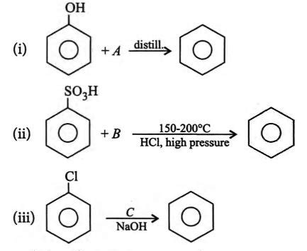 Complete the following reactions: and identify A, B, C respectively.