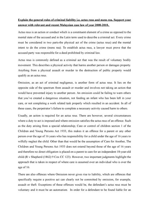 Explain the general rules of criminal liability i - actus reus and mens ...