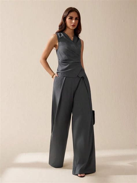 SHEIN Tall Summer Elegant Commute Solid Color Wrap Vest & Pants Suit ...