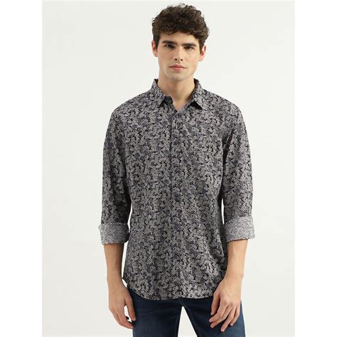 Buy United Colors of Benetton Navy Blue Slim Fit Spread Collar Floral ...