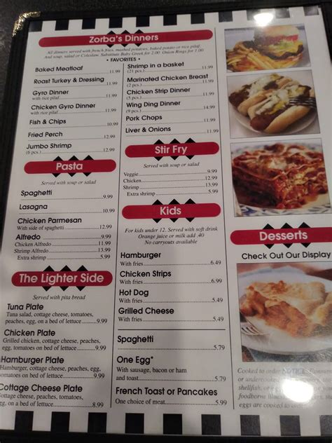 Menu at Zorba's Coney Island restaurant, Flat Rock