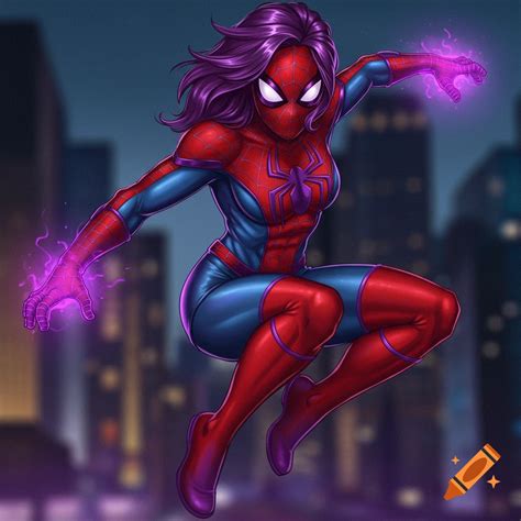Female Spider-Man with purple accents and red torso on Craiyon