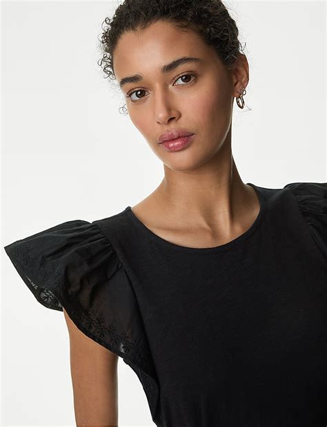 Buy Pure Cotton Embroidered Angel Sleeve Top at Marks & Spencer