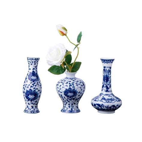 Buy Set of 3 Small Blue & White Porcelain Vases, Fambe Glaze Porcelain ...