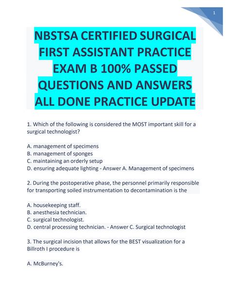 SOLUTION: Nbstsa certified surgical first assistant practice exam b 100 passed questions and ...