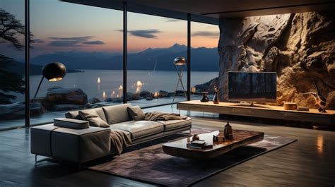 An interior scene looking at a living room with a large screen tv ...