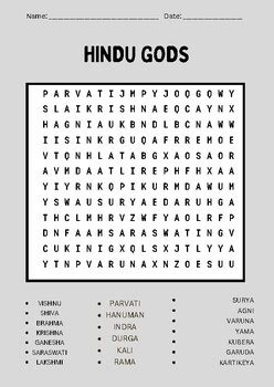 Hindu Gods Word Search puzzles worksheet activity by Basic worksheet store