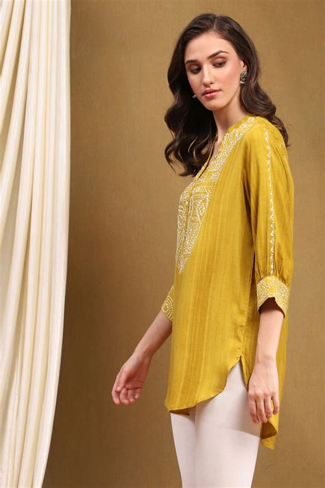 Buy Mustard Yellow Liva Thread Work Straight Kurti Online at Biba India