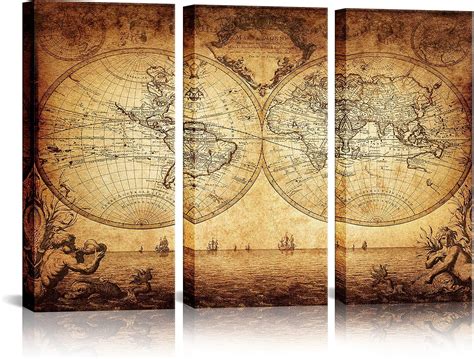Buy Livlaugh 3 Panels World Map Canvas Wall Art Vintage Globe Maps for ...