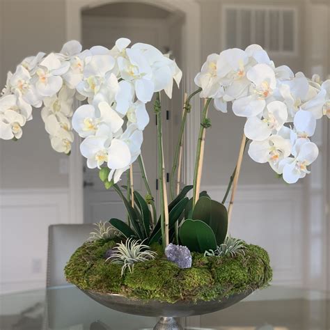 White phalaenopsis orchid faux silk flower arrangement w ceramic bowl ...