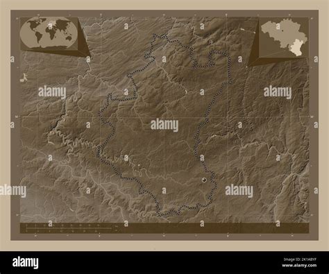 Luxembourg, province of Belgium. Elevation map colored in sepia tones with lakes and rivers ... - elevation map of belgium
