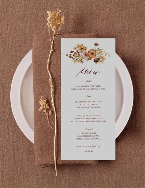 Boho Wedding Menu Template, Fall Floral Wedding Menu Cards, Terracotta ...