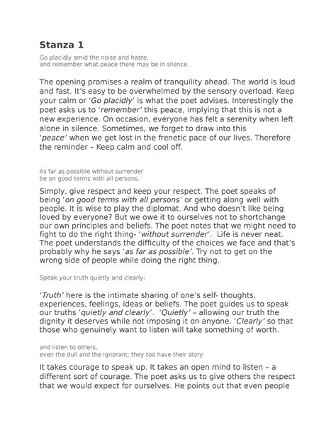 Desiderata - poem analysis - Stanza 1 Go placidly amid the noise and ...