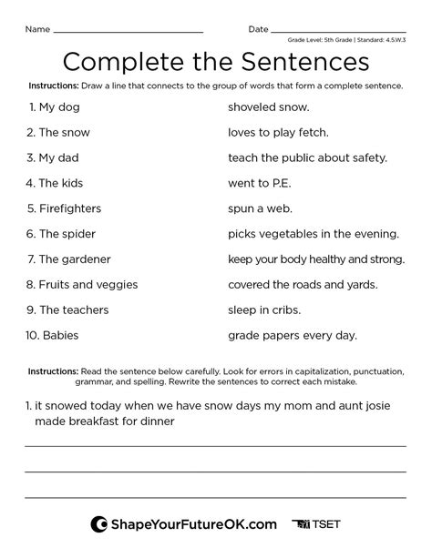 “Complete the Sentences” Worksheet: 5th Grade | Shape Your Future