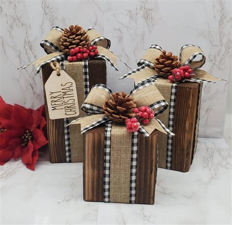 Farmhouse Christmas Faux Wood Presents: Buffalo Plaid Holiday Decor ...