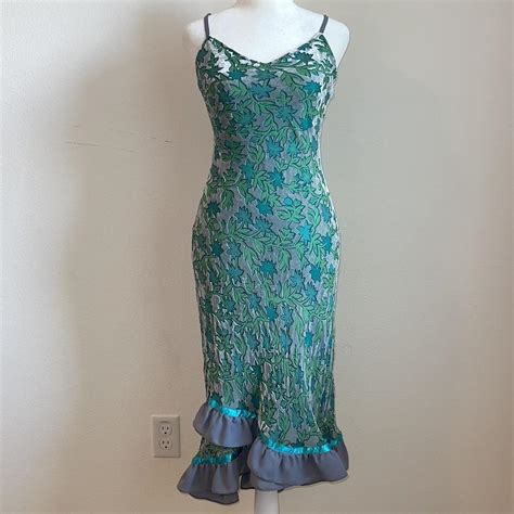 90s Betsey Johnson dress green midi velvet floral... - Depop