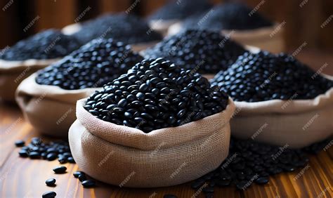 Premium Photo | Black beans in a bag on wood table