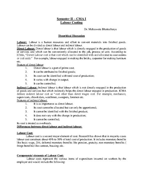 Labour Costing Notes for CMA I - Semester II Exam Prep - Studocu