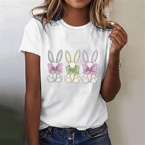 Inverlee Womens Easter Shirts Rabbits Eggs Print Tees Loose Fit Short ...