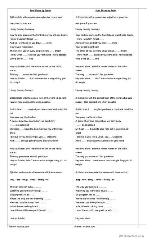 Soul sister song and nursery rhym…: English ESL worksheets pdf & doc