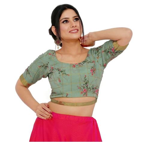 Muhenera Cotton Silk Padded Back Open Hooks Elbow Sleeves Saree Blouse ...