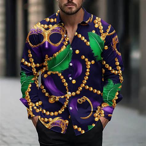 BLTIBY Mardi Gras Shirts for Men Button Up Long Sleeve Lapel Carnival ...