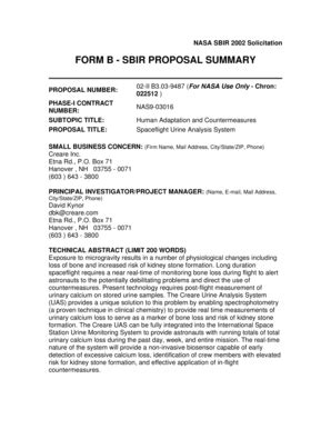Fillable Online NASA SBIR 2002 Solicitation FORM B SBIR PROPOSAL ...