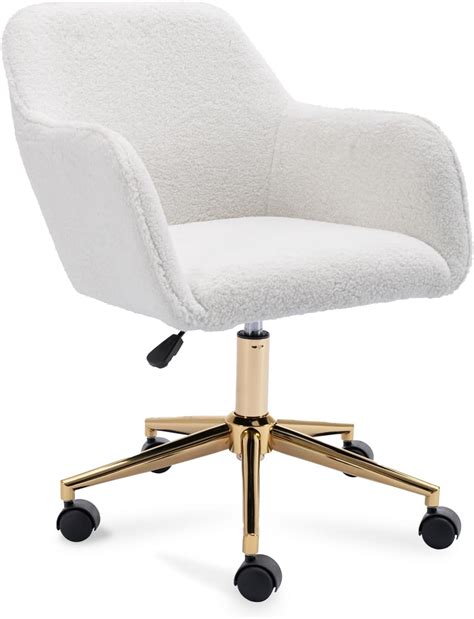 DEKKETO White Teddy Swivel Desk Chair, Makeup Vanity Chair with Wheels ...