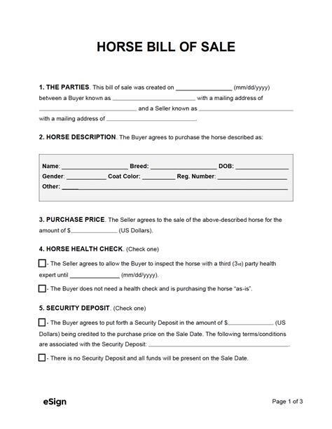 Printable Horse Bill Of Sale