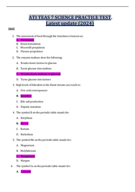 ATI TEAS 7 SCIENCE PRACTICE TEST. Latest update (2024) - ATI TEAS 7 ...