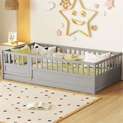 Amazon.com: Twin Size Floor Bed with High Fence, Door and Slats, Kids ...
