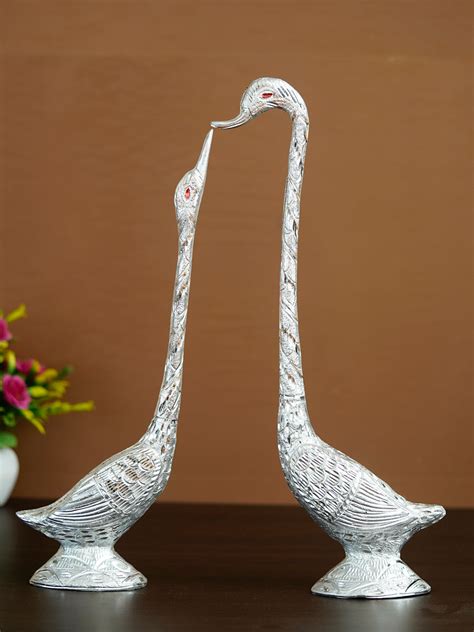 16.5 Inch Silver Kissing Swan Couple Handcrafted Decorative Figurine ...