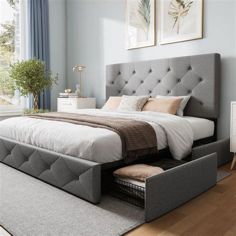 Amazon.com: WEEWAY Queen Size Platform Bed Frame with 4 Storage Drawers ...